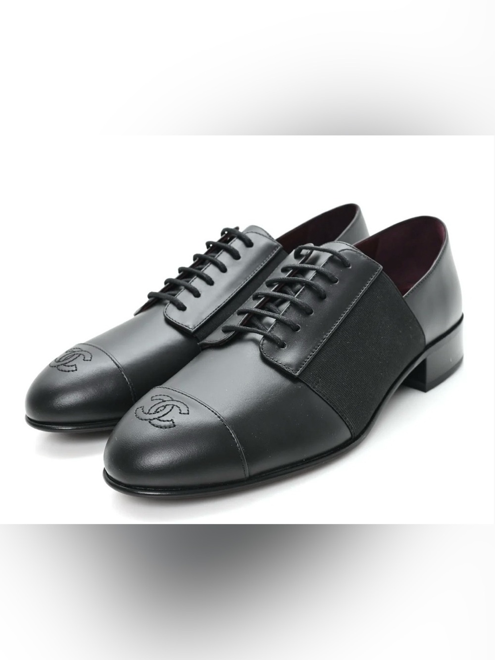 CHANEL Calfskin Leather Elastic Cap-Toe Lace-Up CC Loafers Uniform Collection